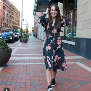 Dark green floral midi shirt dress
